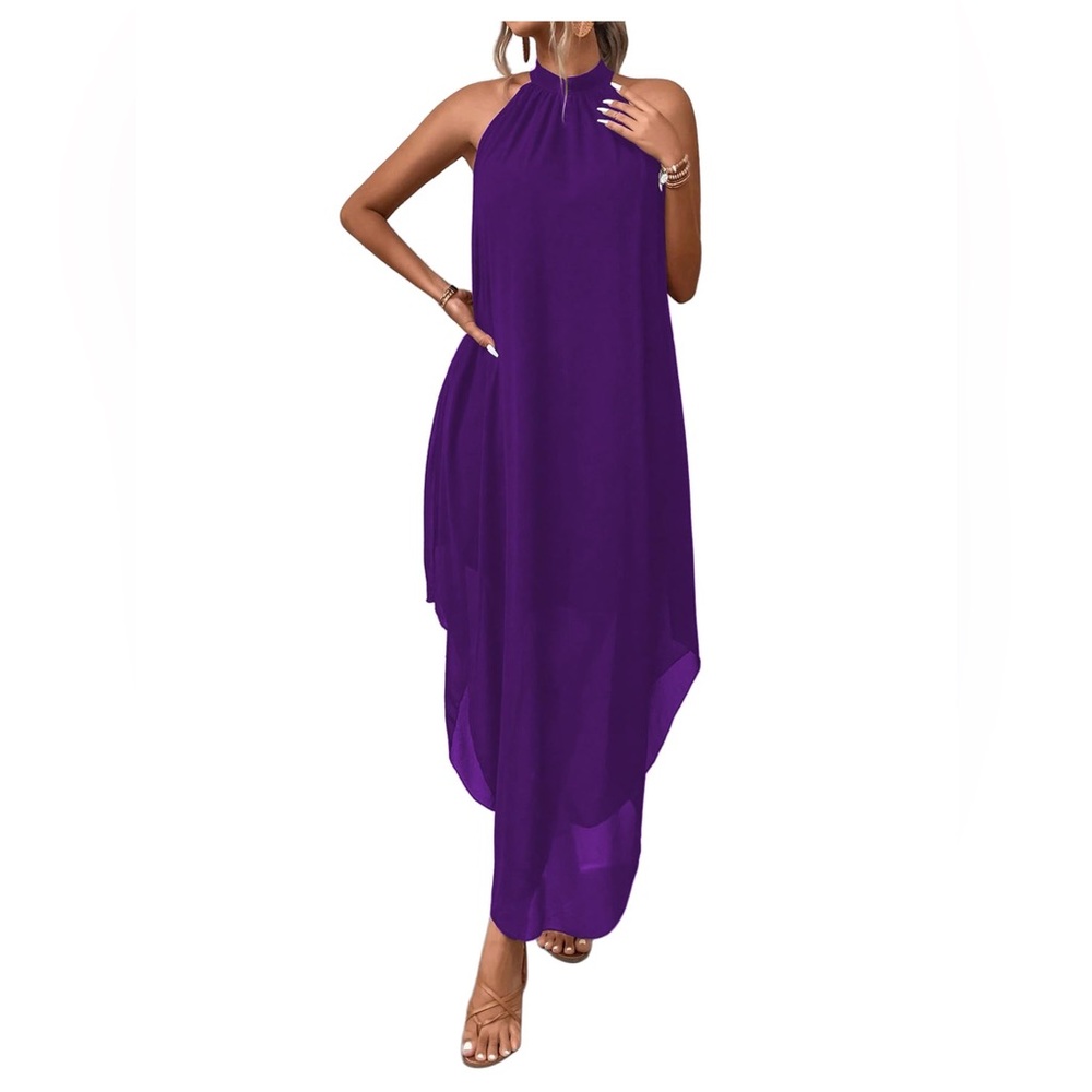 Elegant Flowy Purple Halter Maxi Dress